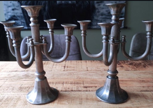 Mooie set zware vintage kandelabers – verzilverd (31 cm hoog)