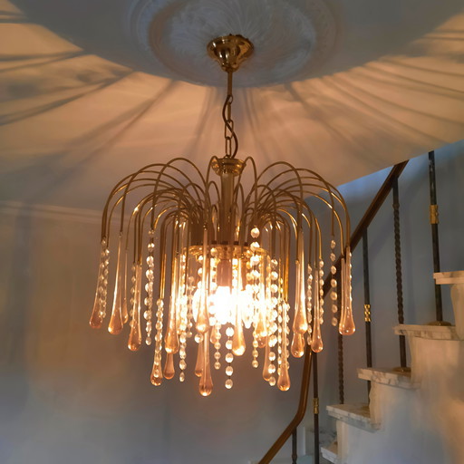 XXL Murano Drop Lamp, Beautiful Vintage Chandelier with Glass Rosaline Drops and Gold Finish