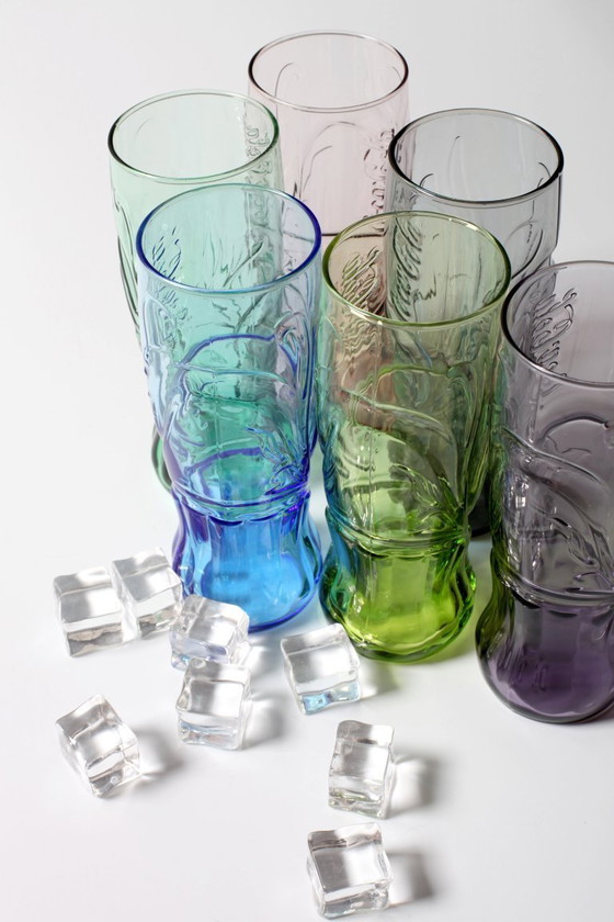 Image 1 of Set of 6 Luminarc Coca-Cola Glasses / Art Nouveau Butterfly Design / France / 2008
