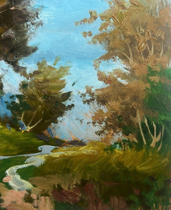 Image 1 of Peinture à l'huile originale Paysage de champ d'été Admirez la forêt d'été