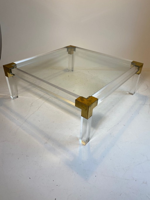 Hollywood Wood regency Table basse en Laiton/ Lucite / Verre années 70