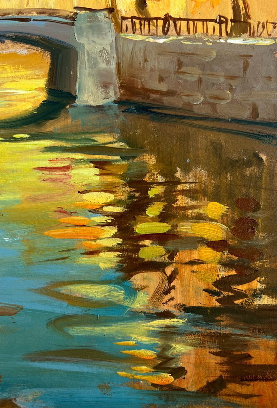 Image 1 of Pintura al óleo original Paisaje urbano otoñal Escalones en el puente de otoño
