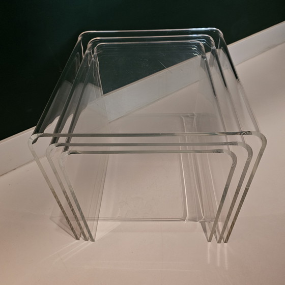 Image 1 of Set Of 3 Vintage Plexiglass Side Tables: Translucent Curved Acrylic Glass Tables, Perspex, Transparent, Mid - Century, Space Age