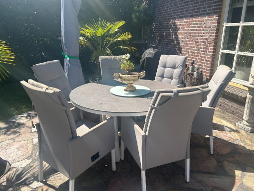 Caribbean Dinerset met ronde tafel, zweefparasol en 6 stoelen. – tuinsets, Metal