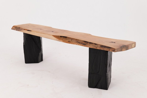 Image 1 of Live Edge Solid Wood Bench with Charred Legs, Organic Modern by Logniture