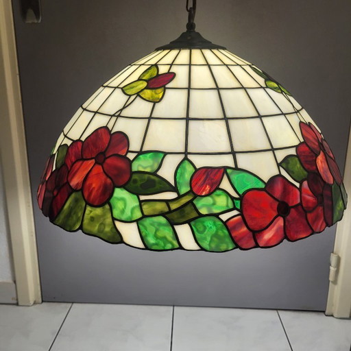 Large vintage Tiffany-style pendant light in colored glass