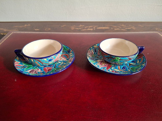 Image 1 of Tête à tête, set of 2 coffee cups and saucers in Longwy enamels
