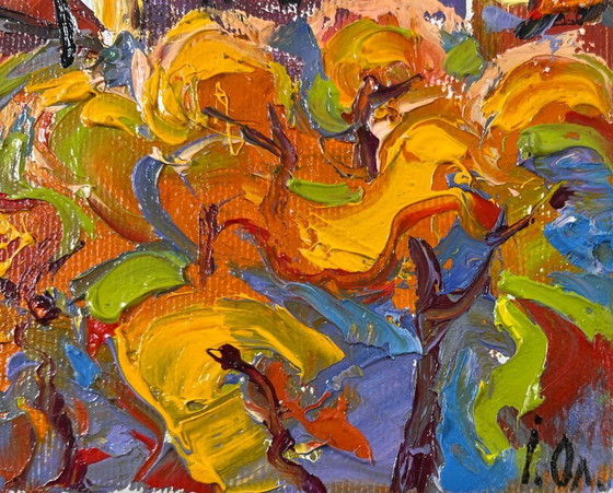 Image 1 of Original Oil Painting Sunset Village Landscape Autumn yellow sunset