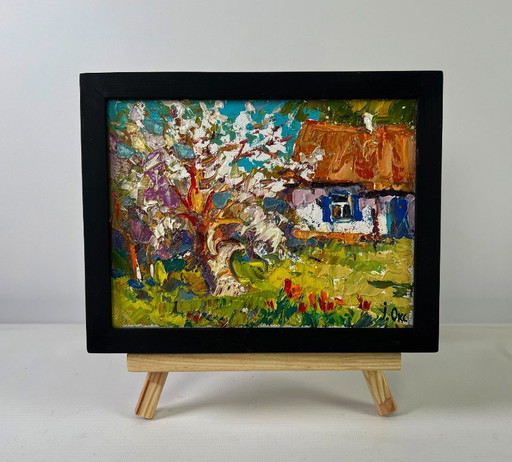 Original Oil Painting Spring Village Landscape Bright day bringing hope and warm