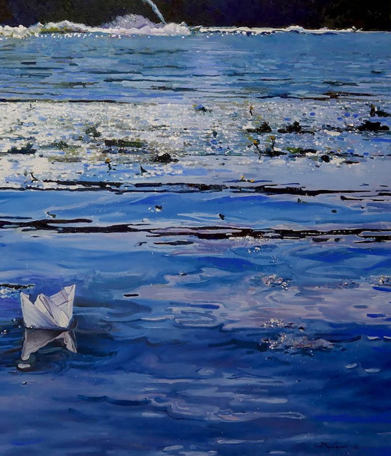 Origineel olieverfschilderij, hedendaagse kunst, symboliek, landschap, rivier, alles heeft zijn tijd. (photo 5 of 7)