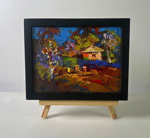Original Oil Painting Colorful Village Landscape Evening ray over spring fields