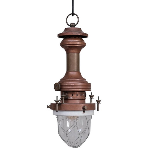 Lampada a sospensione industriale vintage in rame, ottone e vetro, Francia anni '30