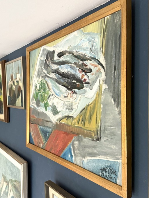 Expressionist mid-century oil painting 'Four Herrings', oil on canvas by Hans-Erik Eriksson (1921-1998)