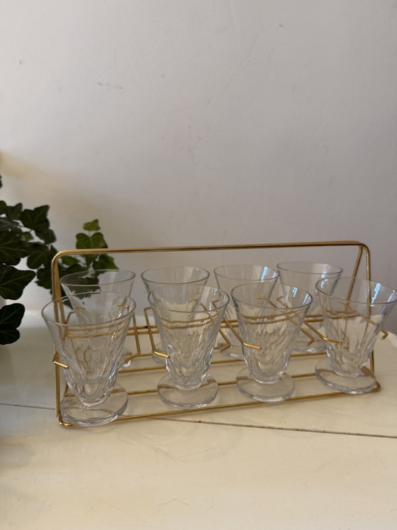 Image 1 of Set of 8 glasses in brass holder, 1950s