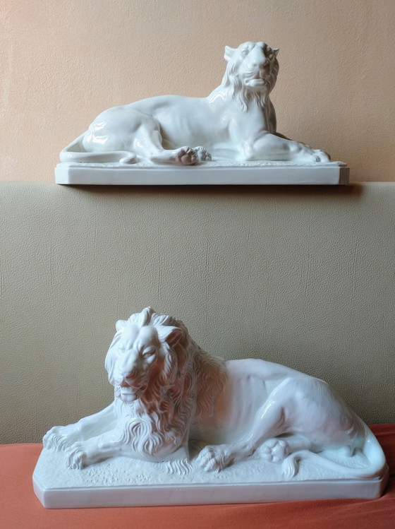 Rare Pair White Ceramic Lion Sculptures Mottahedeh Design Italy, Decorative Objects, Porcelain (photo 9 of 15)