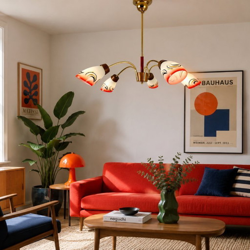 Lustre araignée Sputnik vintage moderne du milieu du siècle avec 5 lumières