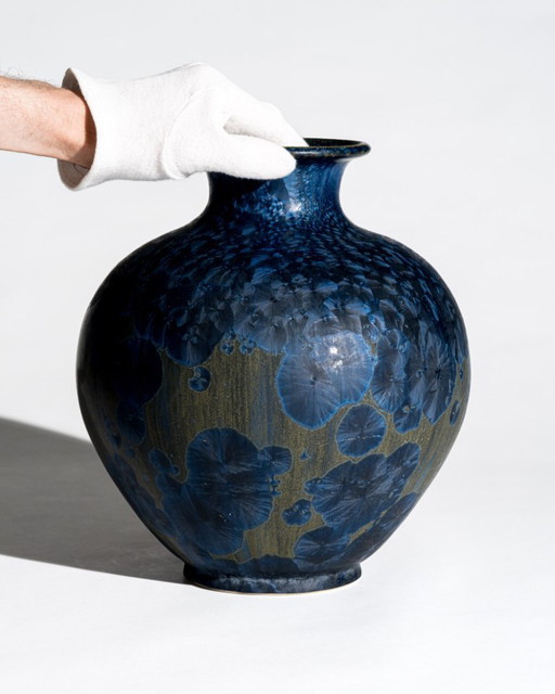 Vase en céramique Crystalline Blue Studio d'Albert Kiessling – Allemagne, 1996