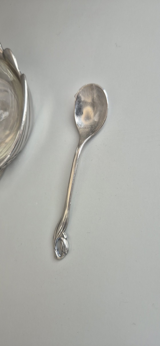 Image 1 of Vintage Swan-Shaped Jam or Sugar Bowl – Silver Metal & Glass – With Spoon