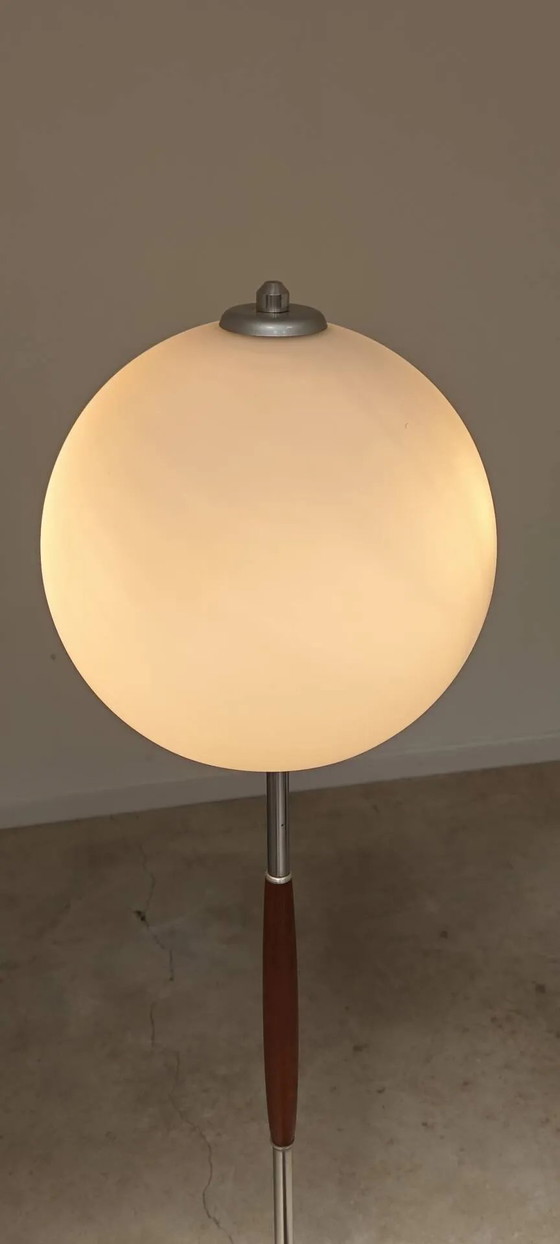 Modernist floor lamp in teak, chrome metal, opaline, Czechoslovakia 60s – Floor lights, Scandinavian (photo 21 of 23)