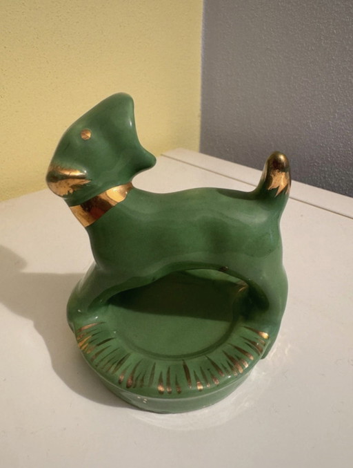 Vintage Terrier Asbak in groen en goud keramiek, jaren '60
