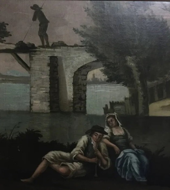 Ancient painting "The Romantic Rendezvous" by an unknown artist. – Paintings & Drawings, Canvas (photo 3 of 3)