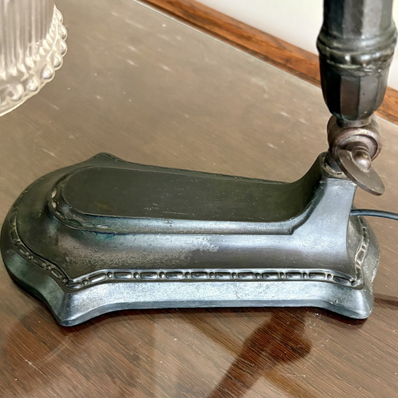 Image 1 of Art Deco desk lamp, table lamp with frosted glass, carved shade.