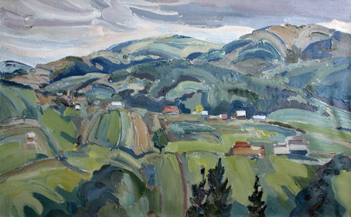 Pintura al Óleo Original Paisaje Natural Verano Campo Laderas Montañas de Malaquita