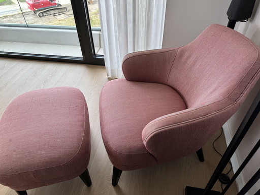 Stylish armchair + hocker with linen upholstery