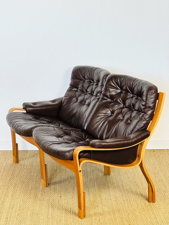 Image 1 of Scandinavian teak and leather bench, 1960