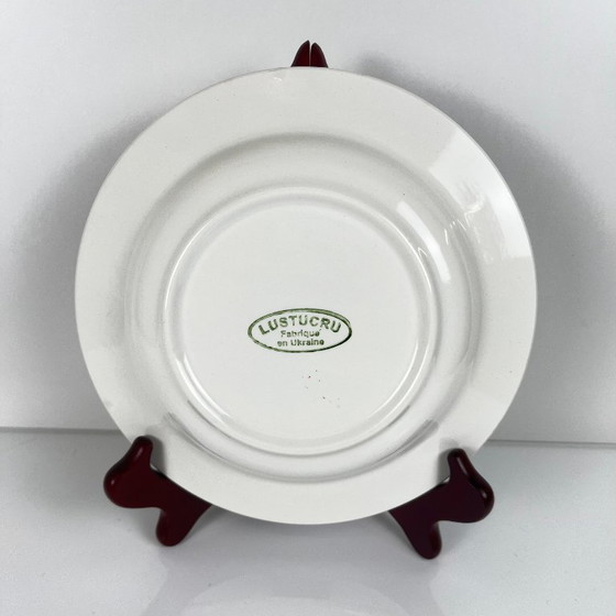 Image 1 of Set di 7 piatti fondi Lustucru, motivo a scacchiera blu, 1950/80