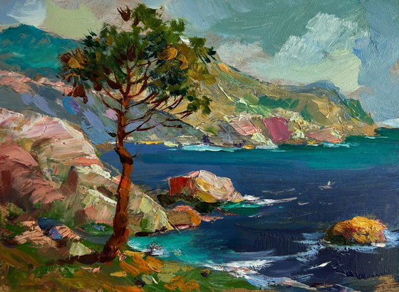 Image 1 of Original Oil Painting Summer Sea Landscape The leaves sway in the wind