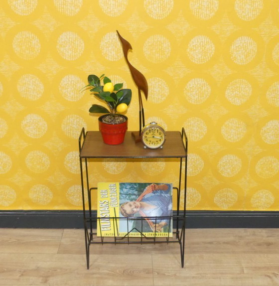 Image 1 of edicola anni '60 in corde, look teak, metallo nero, tavolo per giornali, vintage retrò