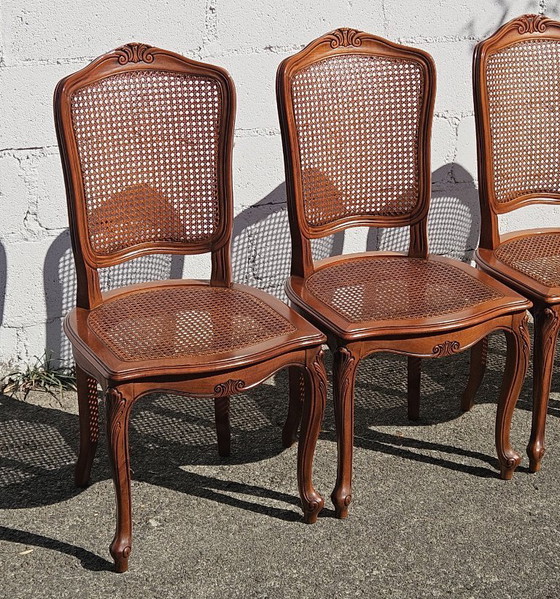 Image 1 of 4 French Vintage Cane Dining Chairs - Cottage Chairs - Style Louis XV - 80s