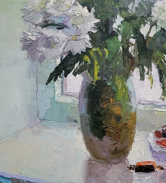 Original Oil Painting Still Life Chrysanthemums Flowers on the Window – Paintings & Drawings, Canvas (photo 6 of 7)