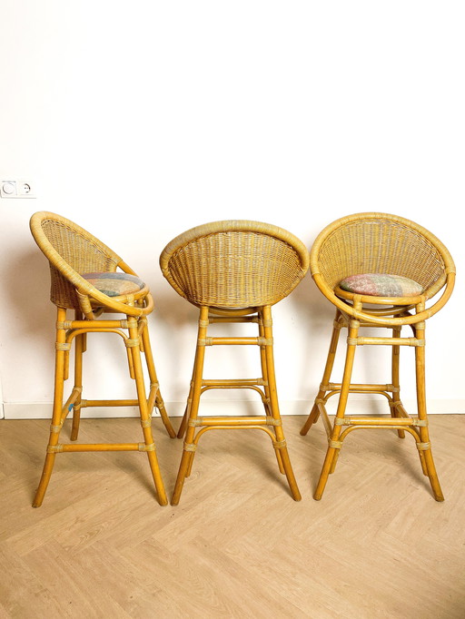 3X Vintage Rattan Wicker Barstools