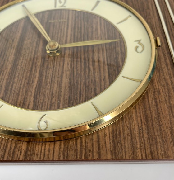 Image 1 of Mid Century Wall / Mantel Clock – Junghans Quartz W756 – Wood & Brass