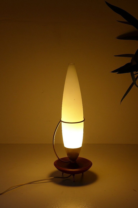 Image 1 of Vintage Philips tripod table lamp, 1960s, brass, teak, opal glass, Rocket Lamp