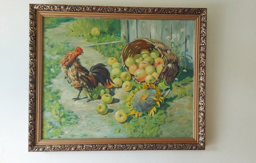 Pintura al óleo original “En el pueblo”, Deltzov, 1999