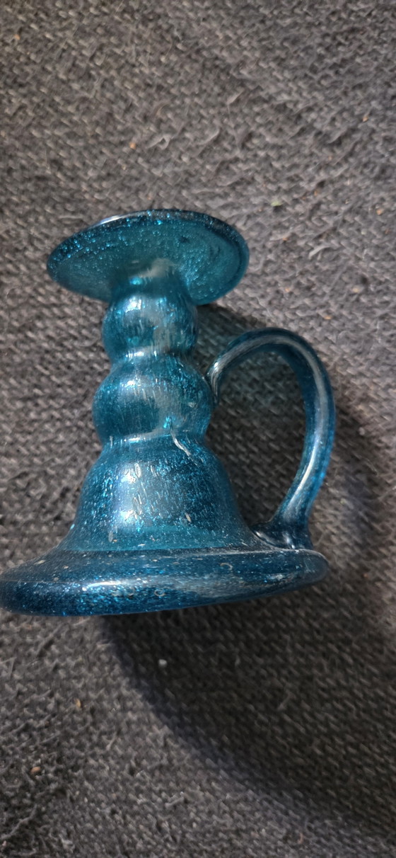 Handgeblasener Kerzenständer aus türkisfarbenem Blasenglas – Kerzenhalter (photo 3 of 5)
