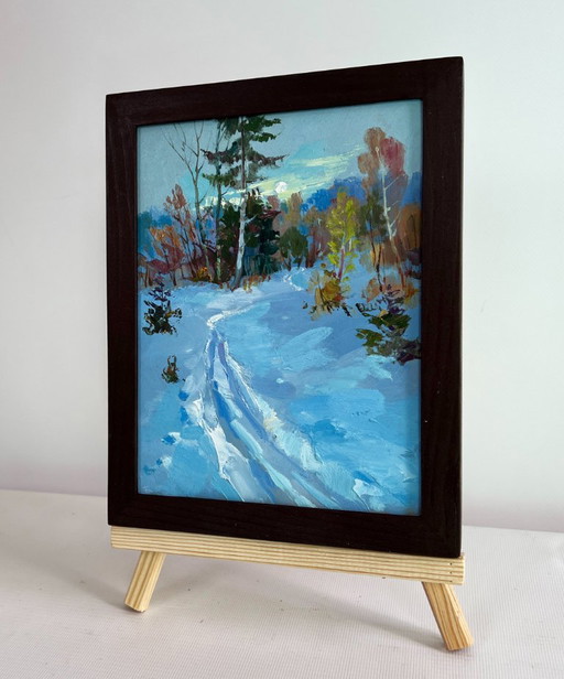 Original Oil Painting Winter Forest Landscape Winter sunset in the forest