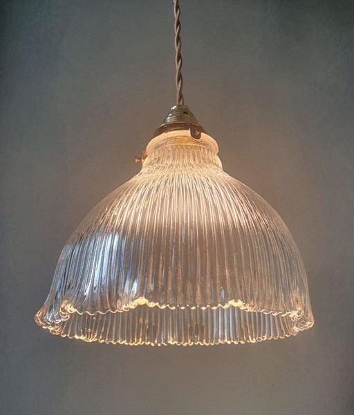 Lámpara colgante Holophane antigua, estilo Art Déco, de cristal fundido.
