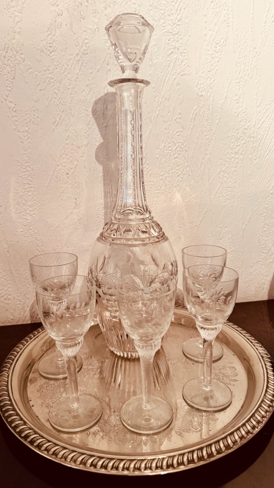 Set da liquore Art Déco antico in cristallo al piombo: Caraffa con 5 bicchieri (ca. 1920), Bicchieri e caraffe (foto 2 di 11)