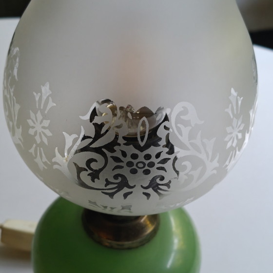 Image 1 of Vintage Green Opaline Table Lamp with Etched Frosted Glass Shade – Electric Oil Lamp Style – 30 cm