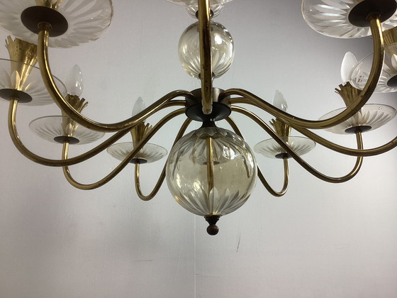 Image 1 of Grande lampadario vintage Chandolier degli anni Cinquanta in vetro e rame 