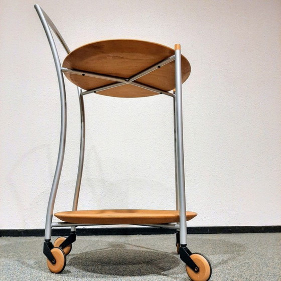 Image 1 of Houten serveertafel met dubbel dienblad en houten wielen