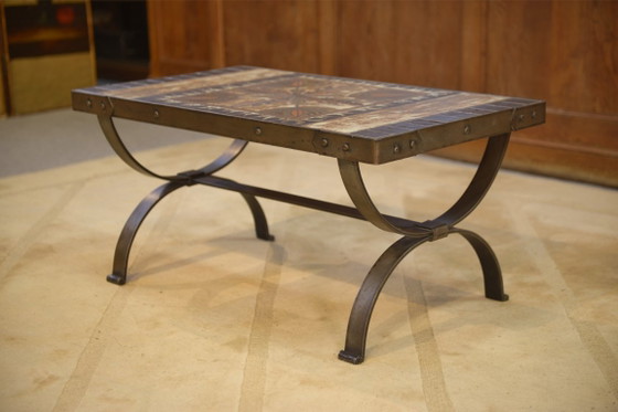 Image 1 of Couchtisch aus Schmiedeeisen und Keramik von Vallauris, 1950er Jahre