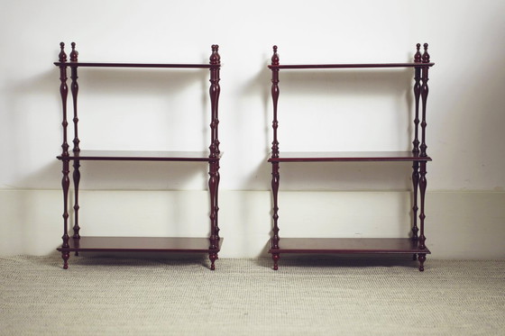 Image 1 of Mahogany-Finish Hanging Wall Shelf Set of 2 Pair, Traditional Spindle Display Shelves, Vintage Colonial Style Decorative Modula