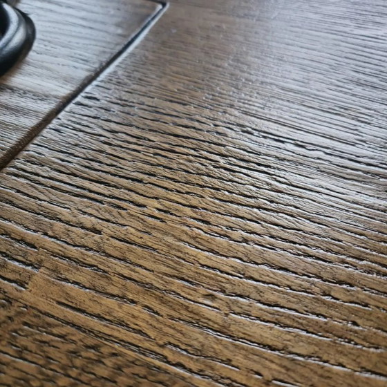 Image 1 of 1950/60 brutalist Massief Eikenhouten handgesmede ijzeren salontafel 