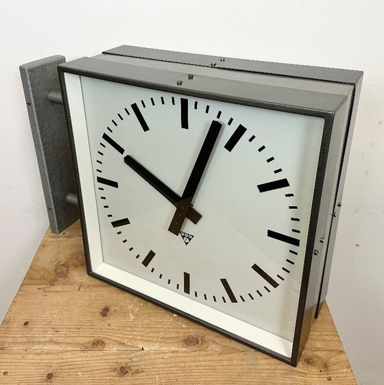 Image 1 of Large Industrial Square Double Sided Factory Wall Clock from Pragotron, 1970s