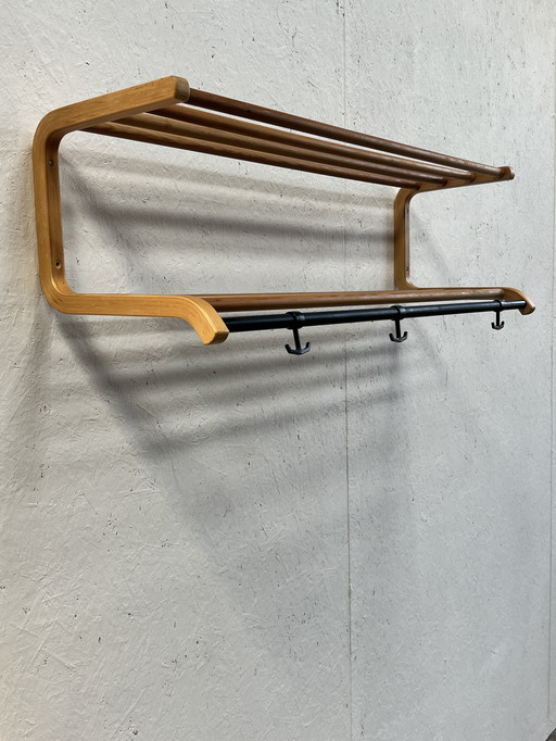 Porte-manteau mural vintage, bois de hêtre et métal, années 1980